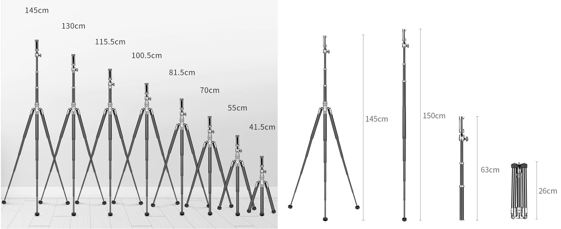 Hliníkový stativ na mobil ALL IN ONE s kulovou hlavou, sáňkami pro mikrofon, světlo 26-150cm 13-2